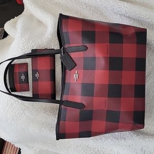 Coach City Tote, Buffalo Plaid Red and Black with matching Wallet and Card Case